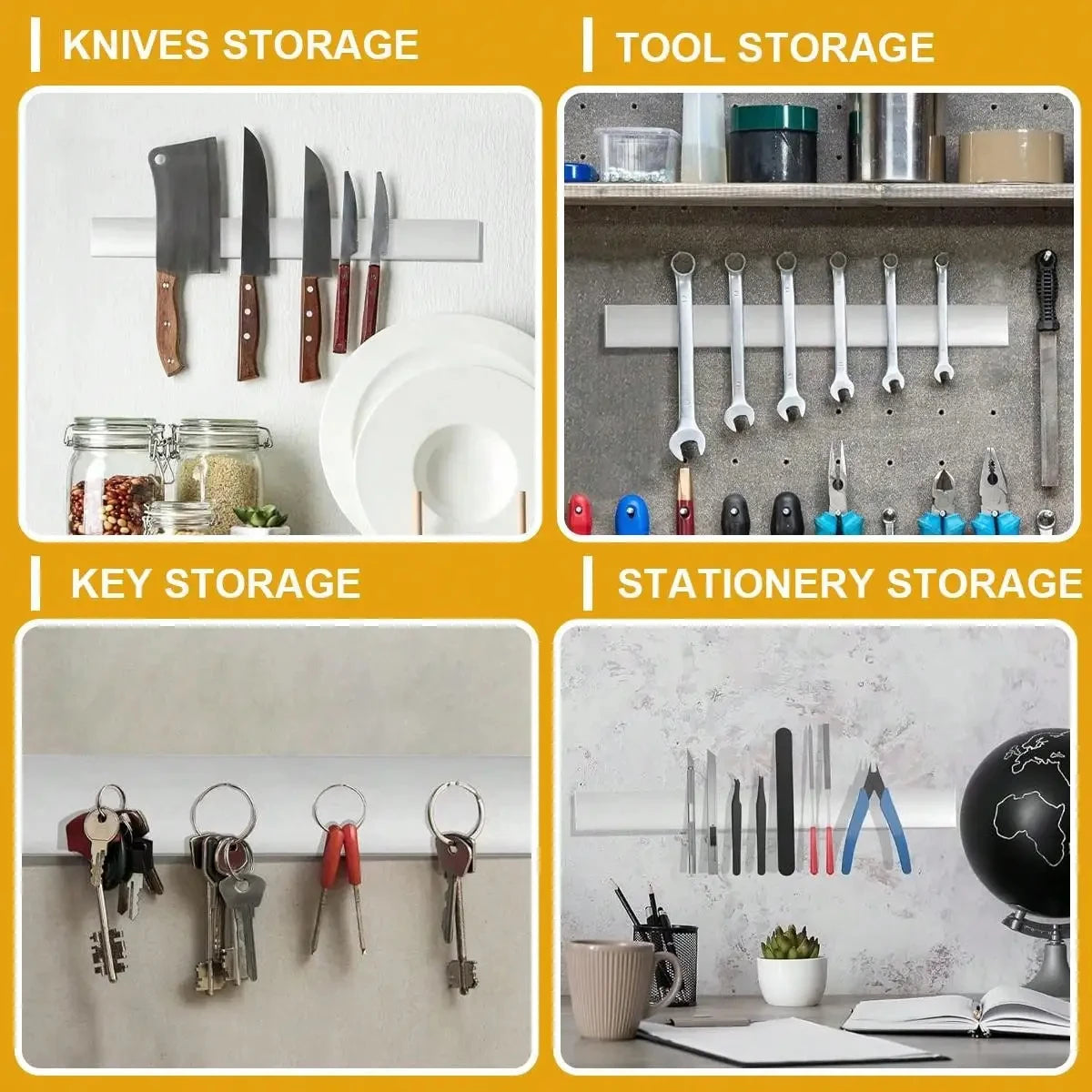 magnetico minimalista para cocina moderna mostrando almacenamiento para cuchillos, herramientas, llaves y artículos de papelería.
