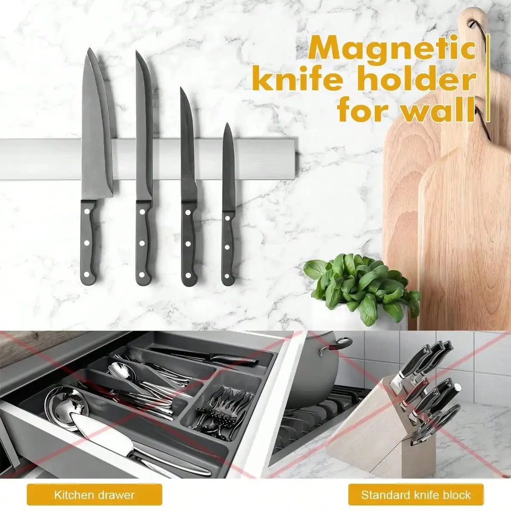Magnetico minimalista para cocina moderna con soporte magnético para cuchillos en pared, elegante y funcional.