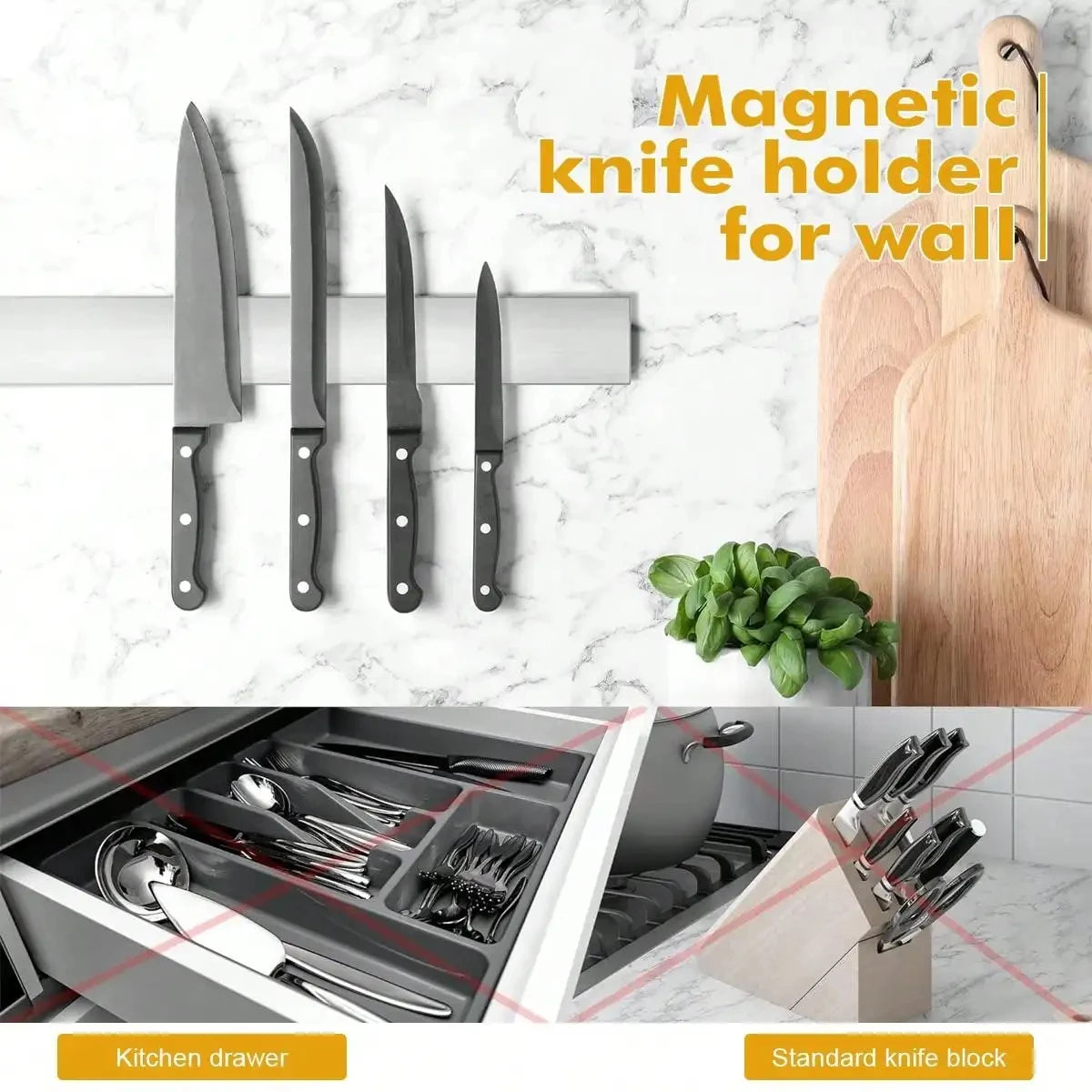 Magnetico minimalista para cocina moderna con soporte magnético para cuchillos en pared, elegante y funcional.